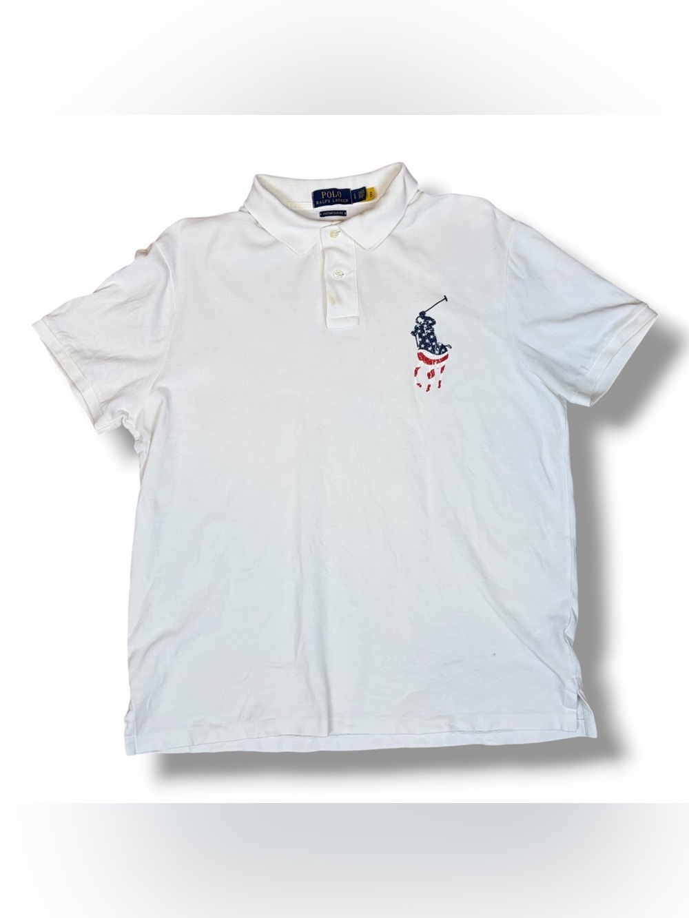 Polo Ralph Lauren Custom Slim USA Flag Big Pony Mesh Polo Shirt White Sz L - Picture 4 of 9